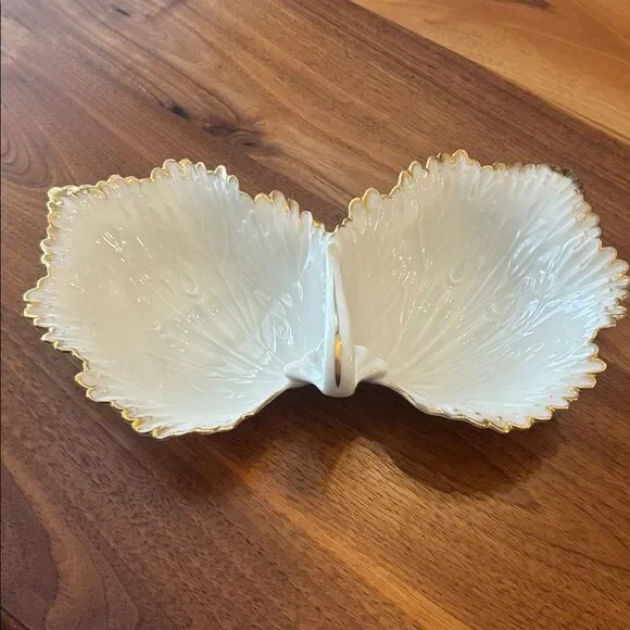 Lenox Double Leaf Leaves Cream Gold Candy Trinket Catch All Dish Made in USA - Picture 5 of 9